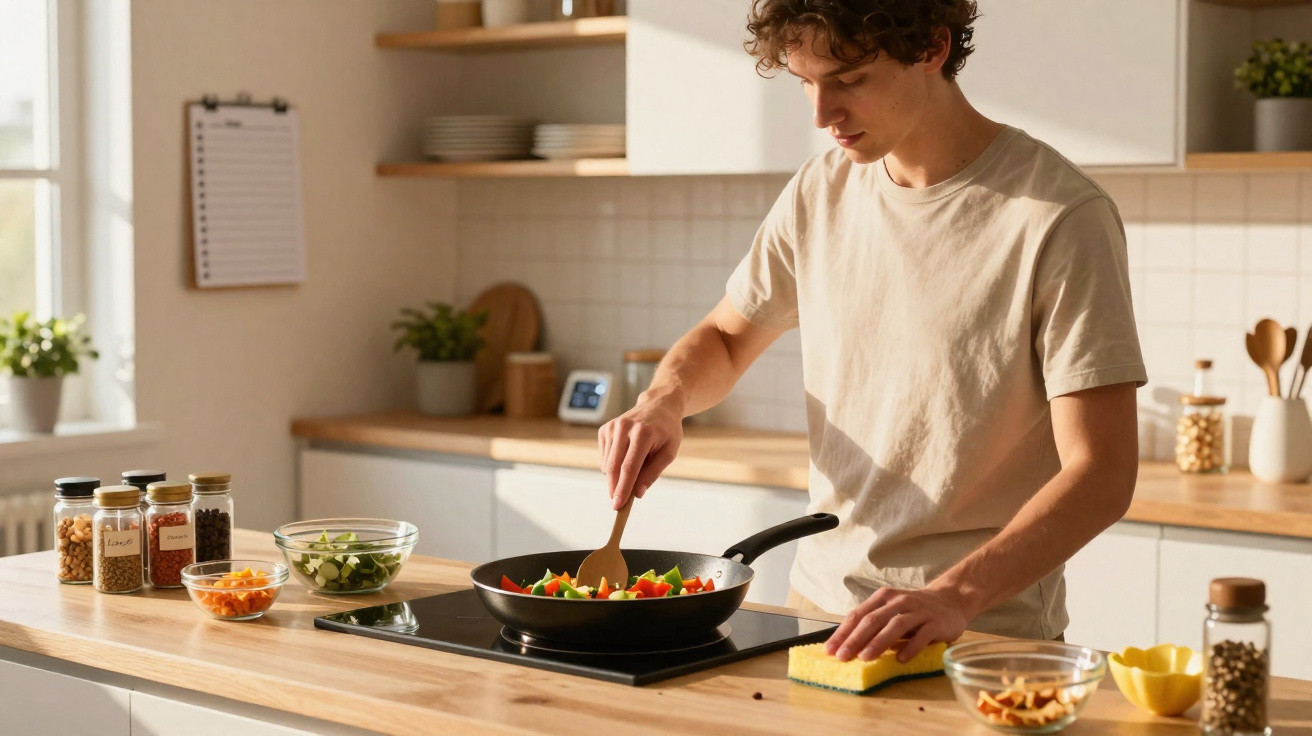 Jovem cozinhando legumes em frigideira enquanto limpa a bancada de cozinha clara e moderna.