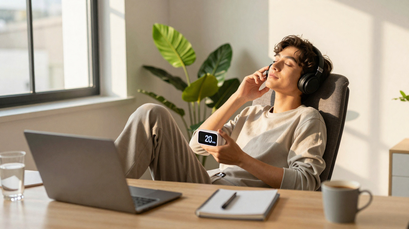 Jovem sentado em cadeira, usando fones, segurando medidor de glicose, com laptop e caderno sobre mesa em ambiente iluminado.