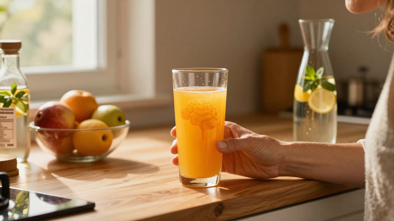 Pessoa segurando copo de suco de laranja com ilustração de cérebro, em cozinha com frutas e jarra de água.