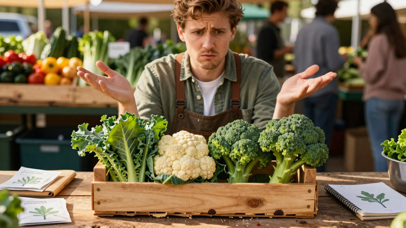 Homem em mercado ao ar livre mostrando dúvidas com legumes frescos como couve-flor e brócolis à sua frente.