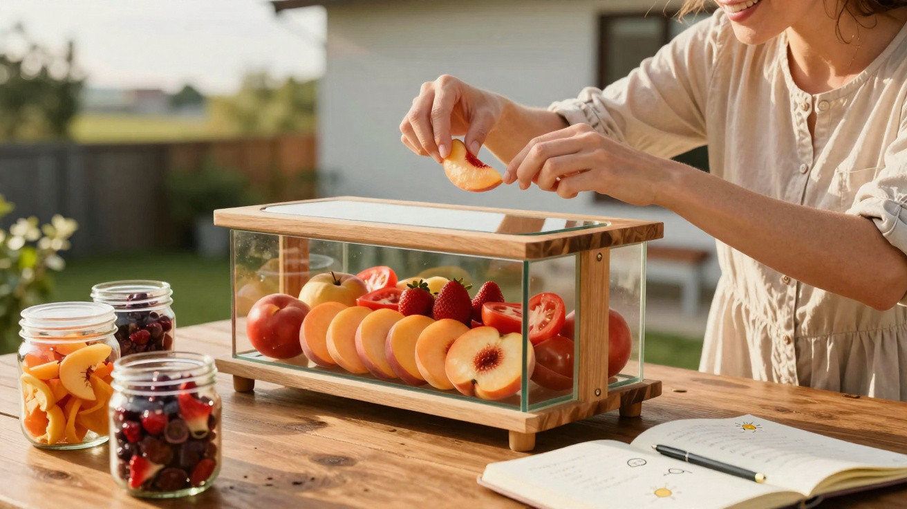 Pessoa organizando frutas frescas em caixa de vidro sobre mesa de madeira ao ar livre.