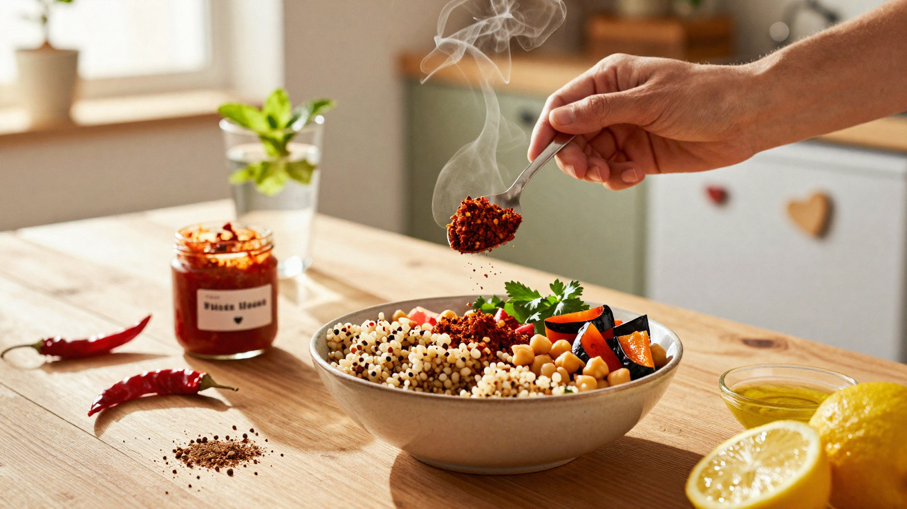 Mão adiciona pasta de pimenta ardida em tigela com grãos, legumes e grão-de-bico sobre mesa de madeira clara.
