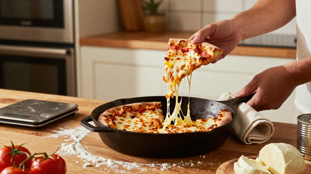 Mão segurando fatia de pizza com queijo derretido em frigideira de ferro na cozinha.