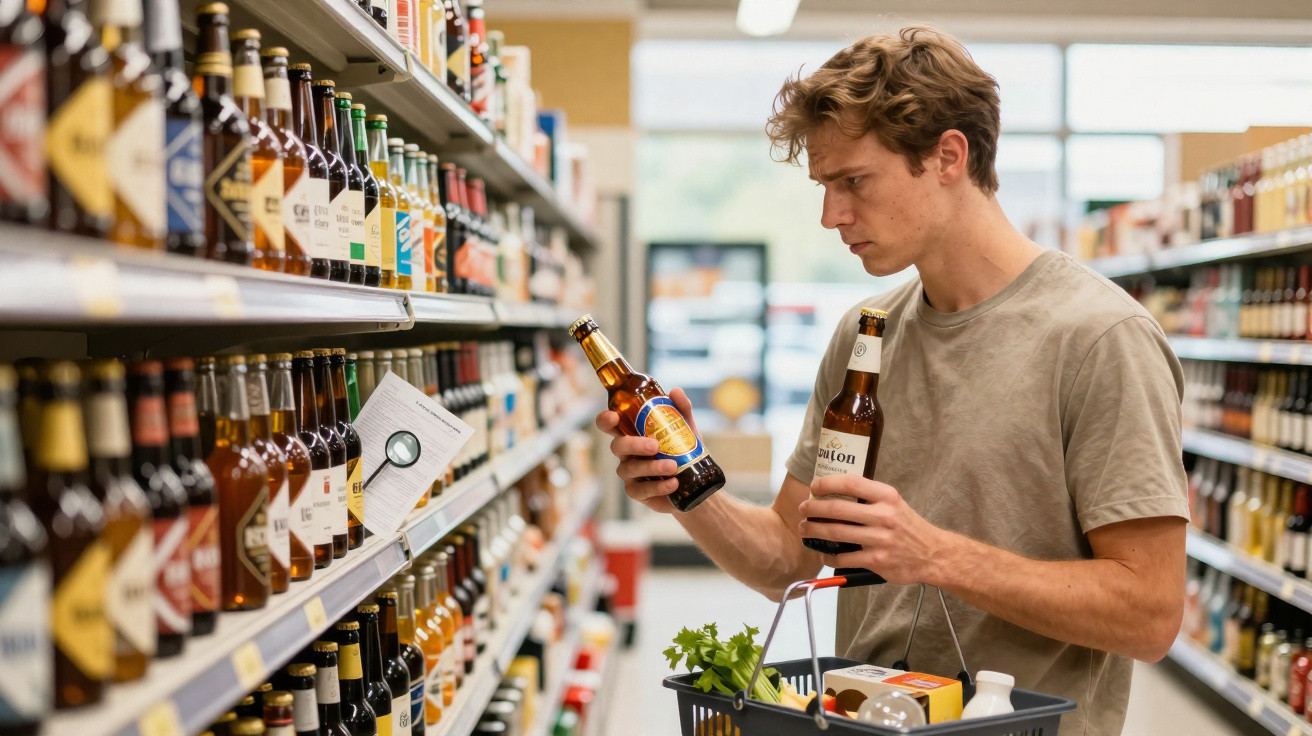 Homem jovem segurando duas cervejas em corredor de supermercado, analisando rótulos, com cesta de compras.