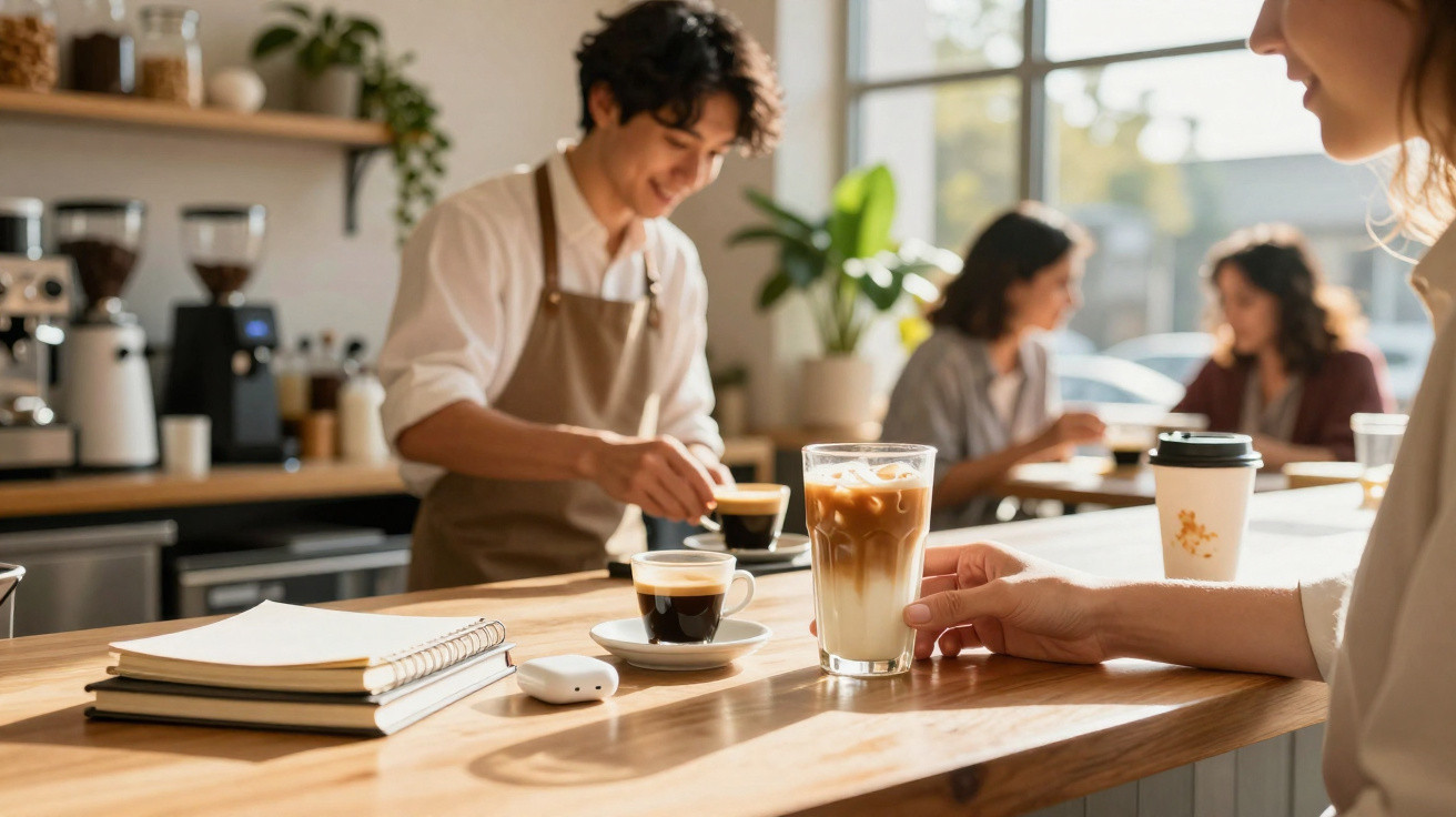 Barista serve café enquanto cliente segura copo com bebida em cafeteria ensolarada.