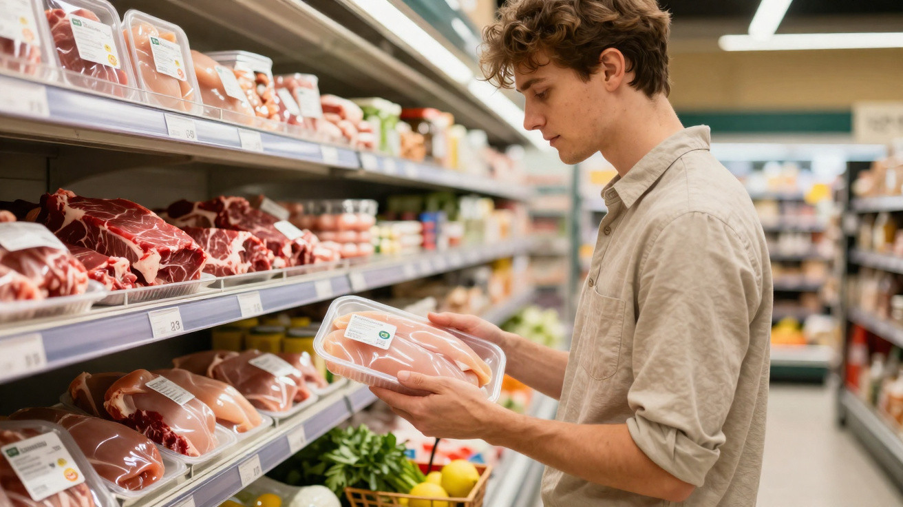 Homem olhando embalagem de filé de frango na seção de carnes em supermercado.