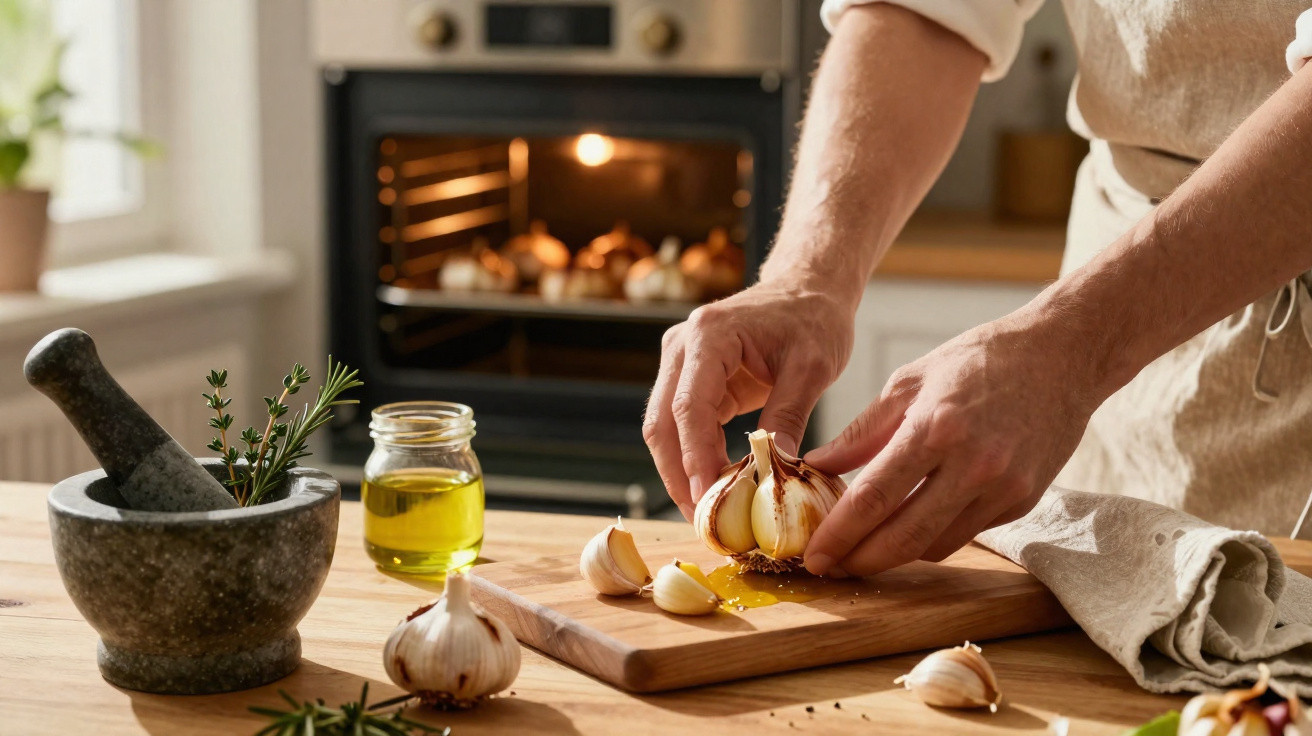 Pessoa preparando alho em tábua de madeira com forno ao fundo, jarra de azeite e almofariz na bancada.