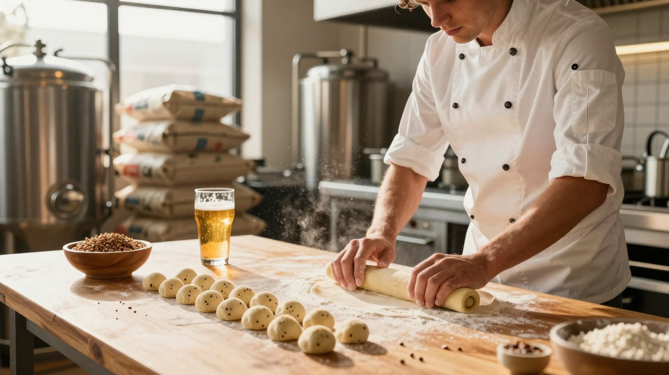 Padeiro enrola massa em uma cozinha industrial com bolinhas de pão e copo de cerveja na bancada.
