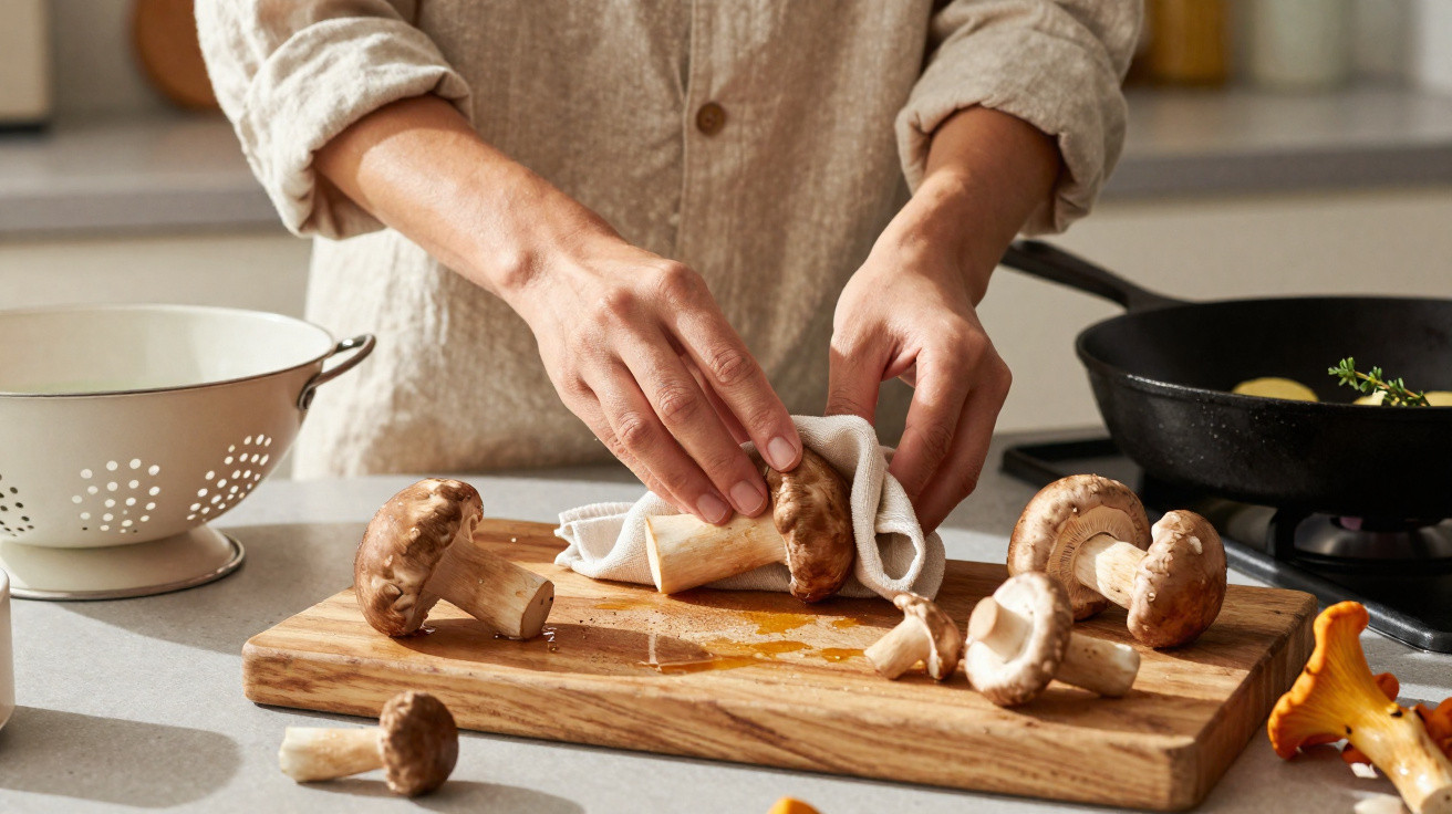 Pessoa limpando cogumelos frescos em tábua de madeira na cozinha com frigideira ao fundo.