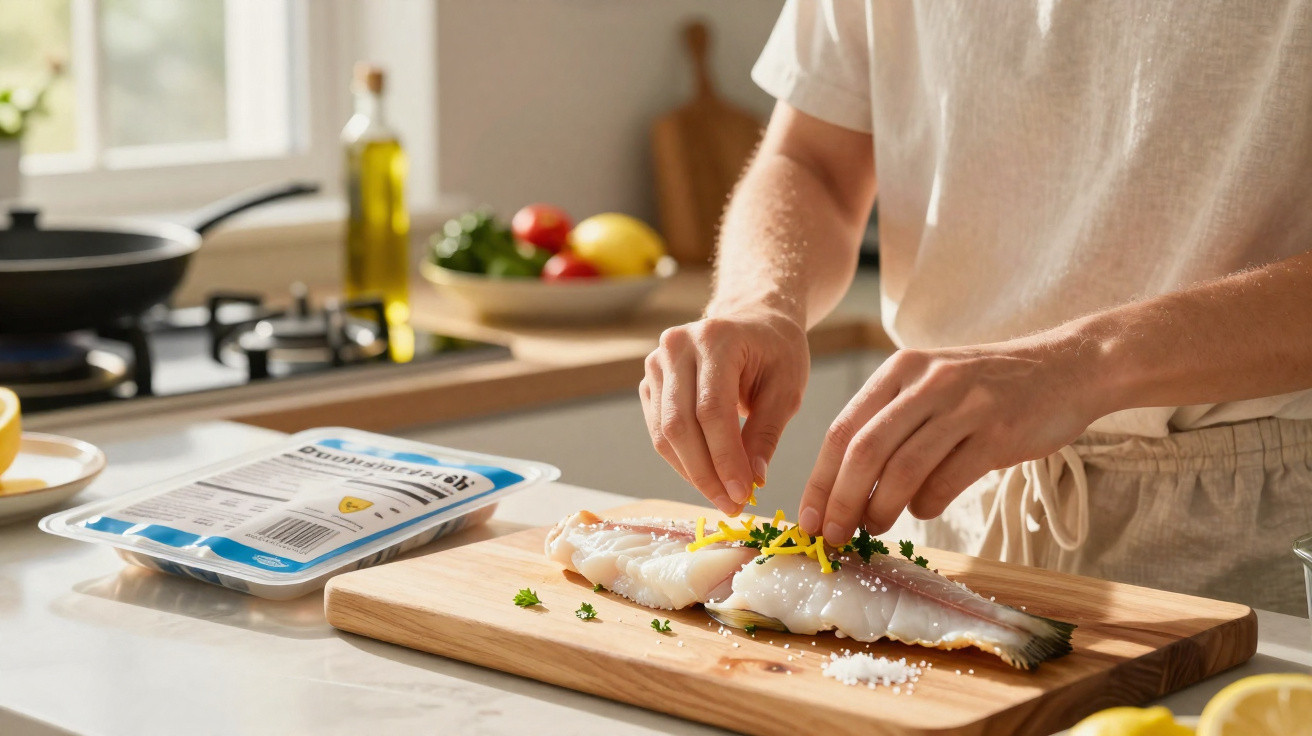 Pessoa temperando filés de peixe branco com ervas e limão em uma tábua na cozinha iluminada.