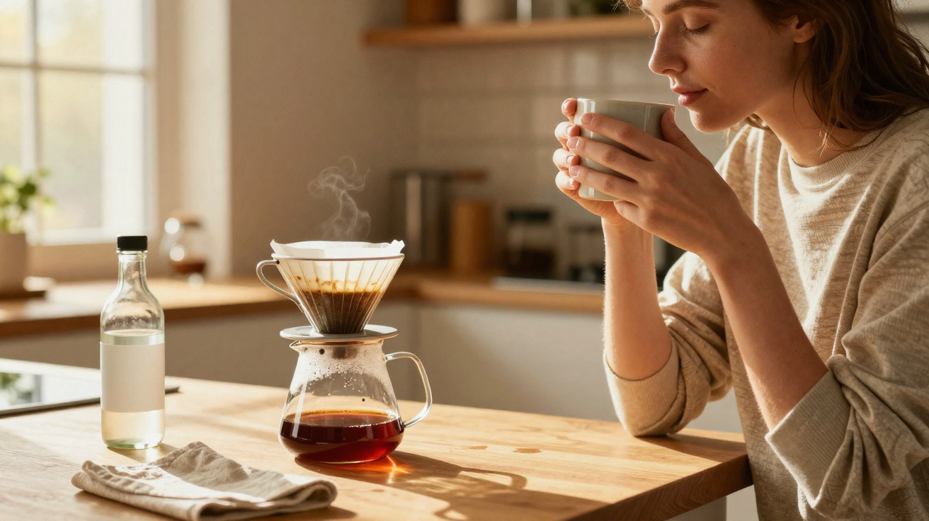 Mulher segurando xícara e sentada à mesa com café coado em filtro de pano na cozinha iluminada.