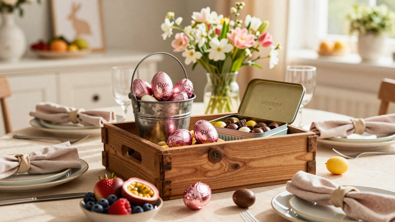 Mesa posta com guardanapos, flores em vaso, caixa de madeira, balde metálico com ovos de Páscoa e caixa de chocolates.