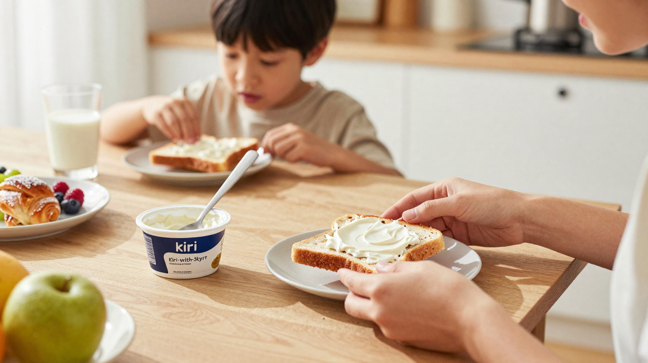 Pessoa passando cream cheese em fatia de pão com criança ao fundo preparando lanche em cozinha.