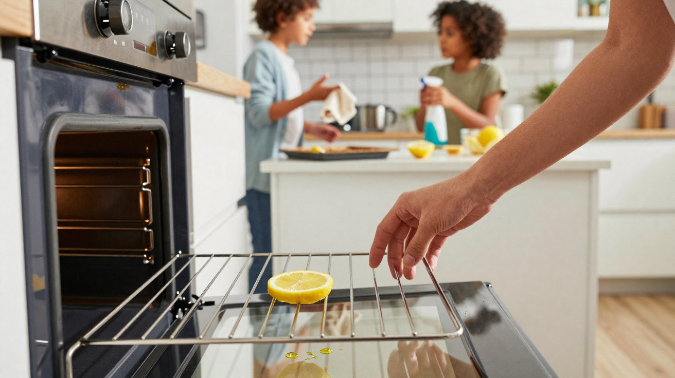 Pessoa retirando grelha com limão do forno, enquanto duas crianças conversam ao fundo na cozinha.