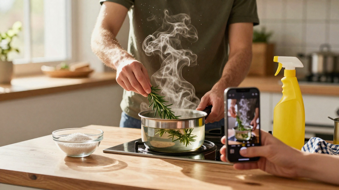 Pessoa cozinhando com ervas em panela fumegante enquanto outra fotografa com celular em cozinha iluminada.