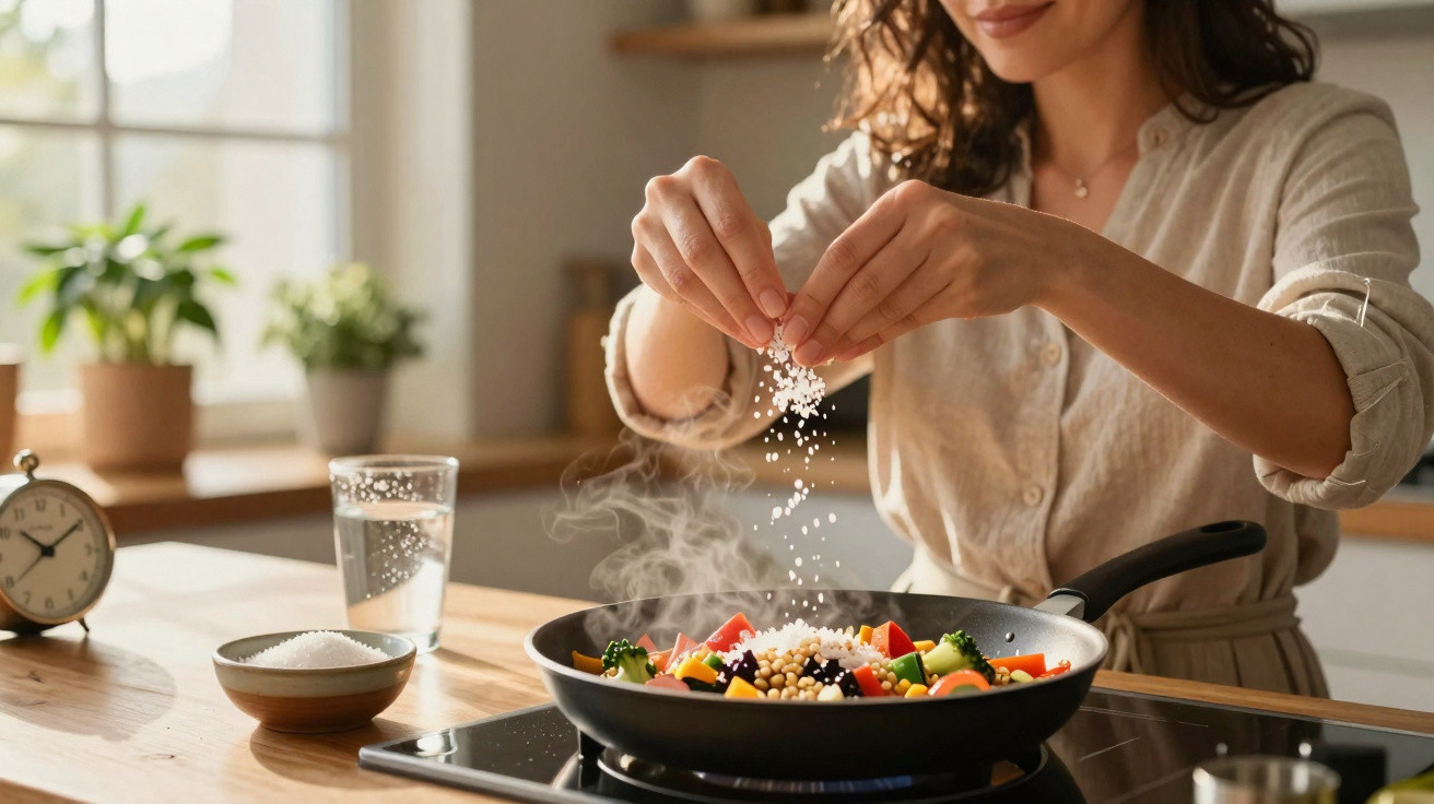 Mulher temperando legumes coloridos em frigideira em cozinha iluminada e moderna.