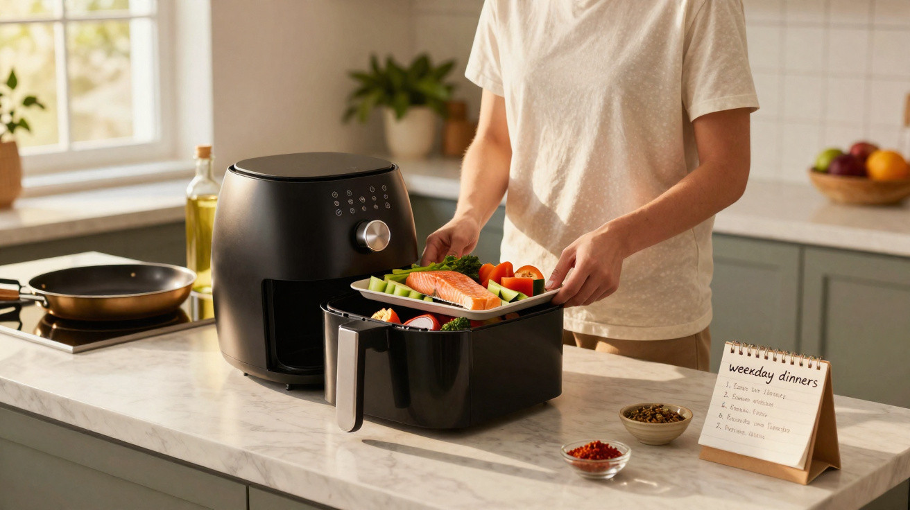 Pessoa usando airfryer preta para preparar refeição saudável com legumes e salmão em cozinha moderna bem iluminada.