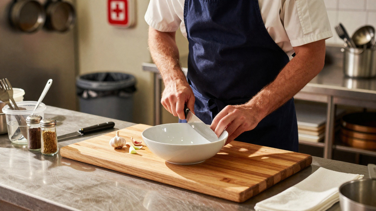 Pessoa cortando alho em tábua de madeira em cozinha profissional com temperos ao lado.
