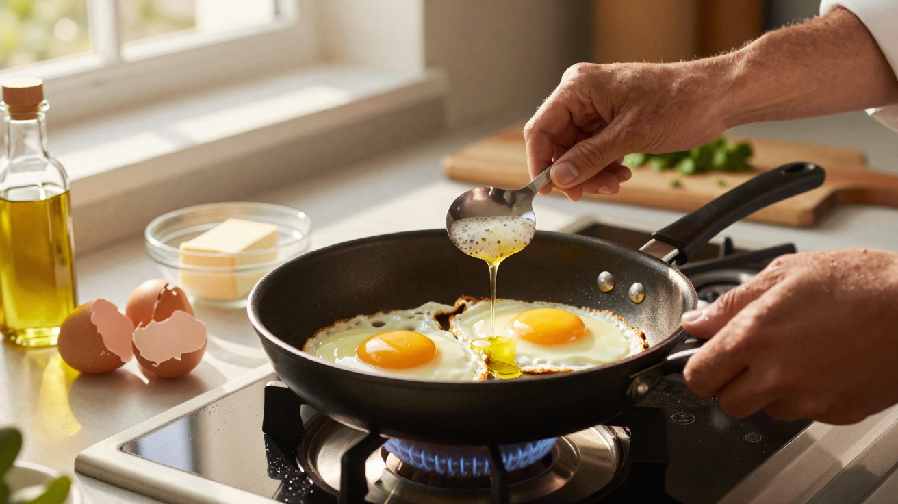 Mãos regando azeite com colher sobre dois ovos fritos em frigideira no fogão a gás em cozinha iluminada.