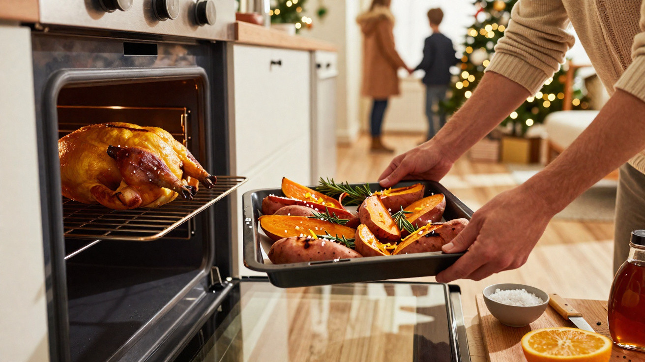 Pessoa colocando assadeira com legumes no forno, enquanto frango assado está dentro, decorado para Natal.