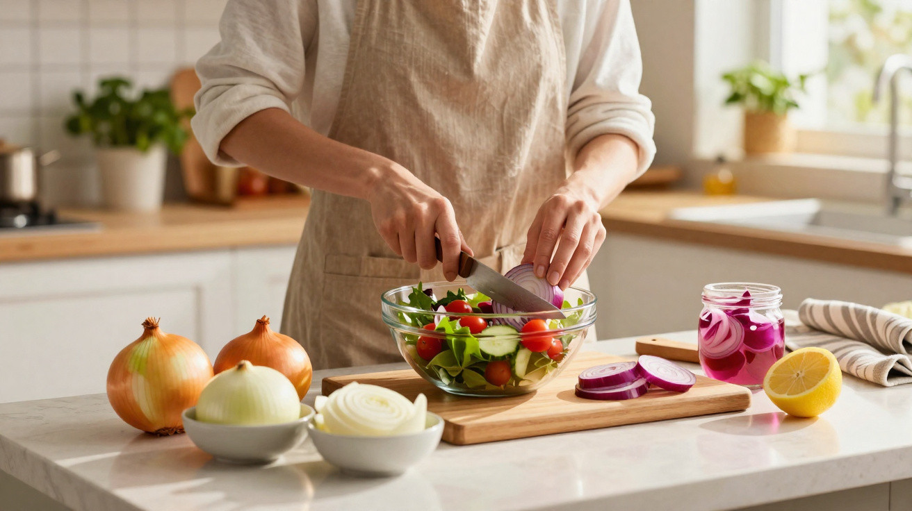 Pessoa cortando cebola roxa para salada com tomate, pepino e limão em cozinha clara.