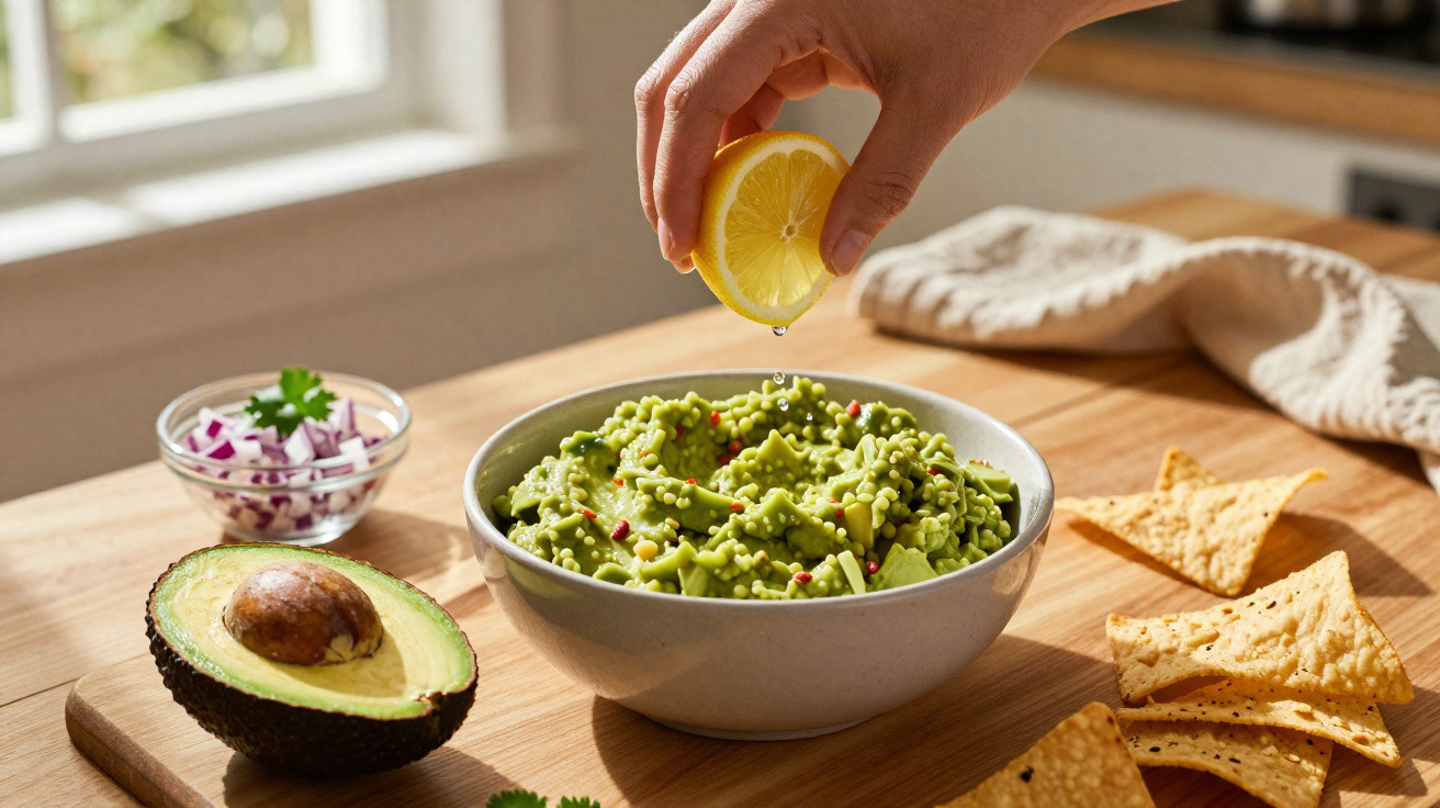 Mão espremendo limão sobre prato de guacamole com tortilhas, abacate e cebola picada ao lado.