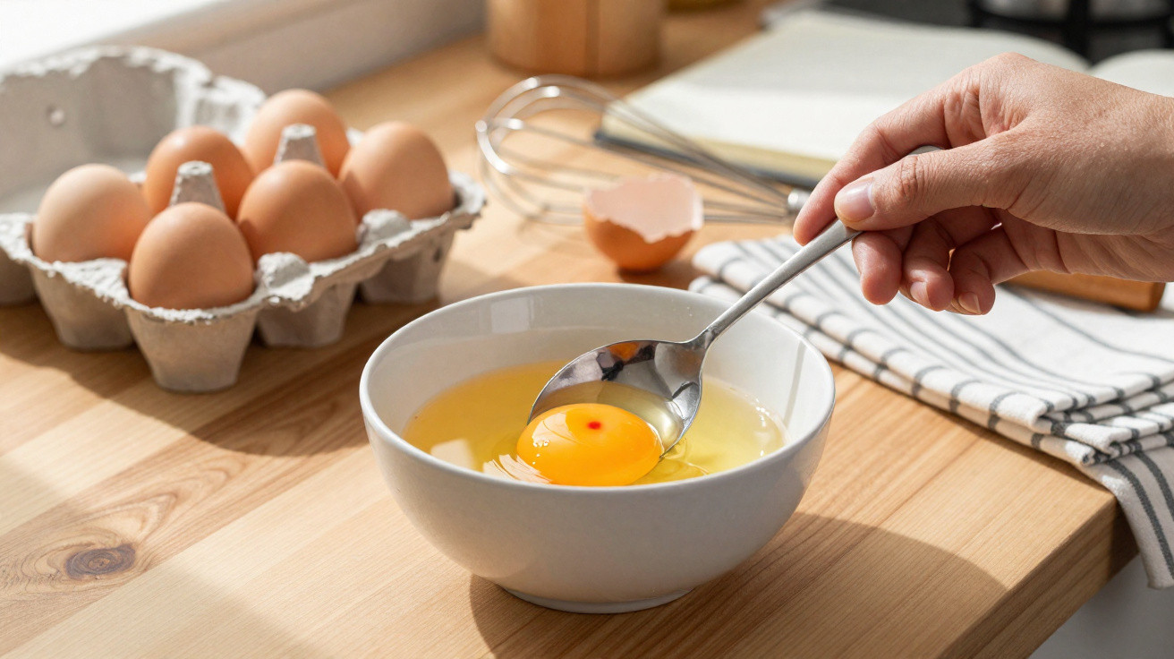 Mão segurando colher com gema de ovo em tigela, ovos em embalagem e utensílios de cozinha ao fundo.