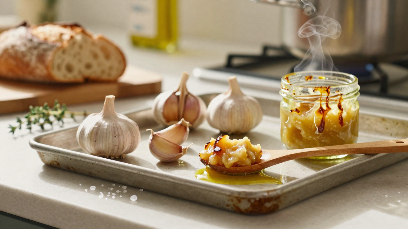 Alho fresco e pasta de alho com azeite em colher de madeira sobre forma metálica na bancada da cozinha.