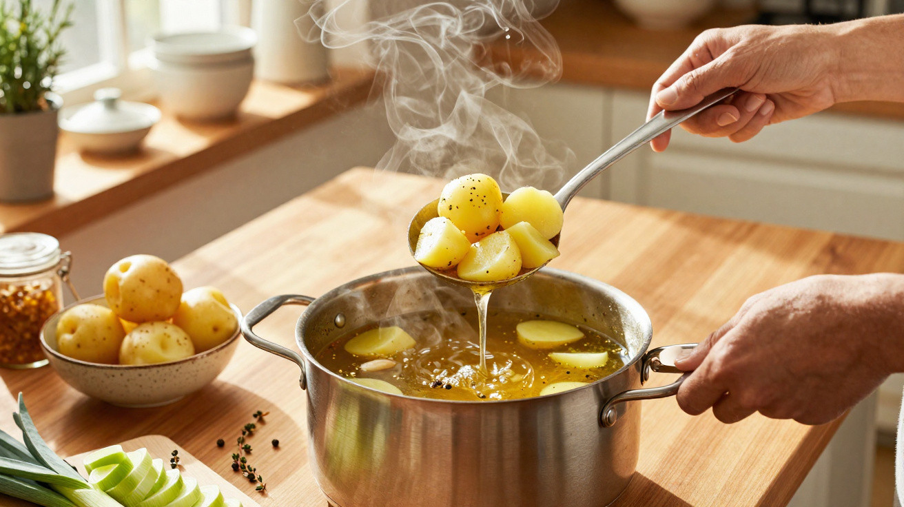 Mãos segurando concha com batatas cozidas sobre panela com caldo fervente em cozinha iluminada.