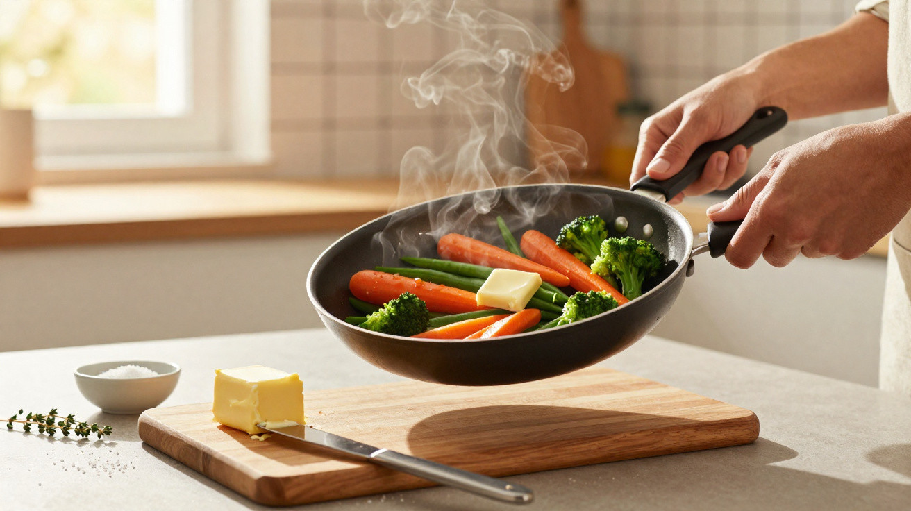 Mãos segurando frigideira com legumes cozidos no vapor e manteiga em cozinha iluminada ao fundo.