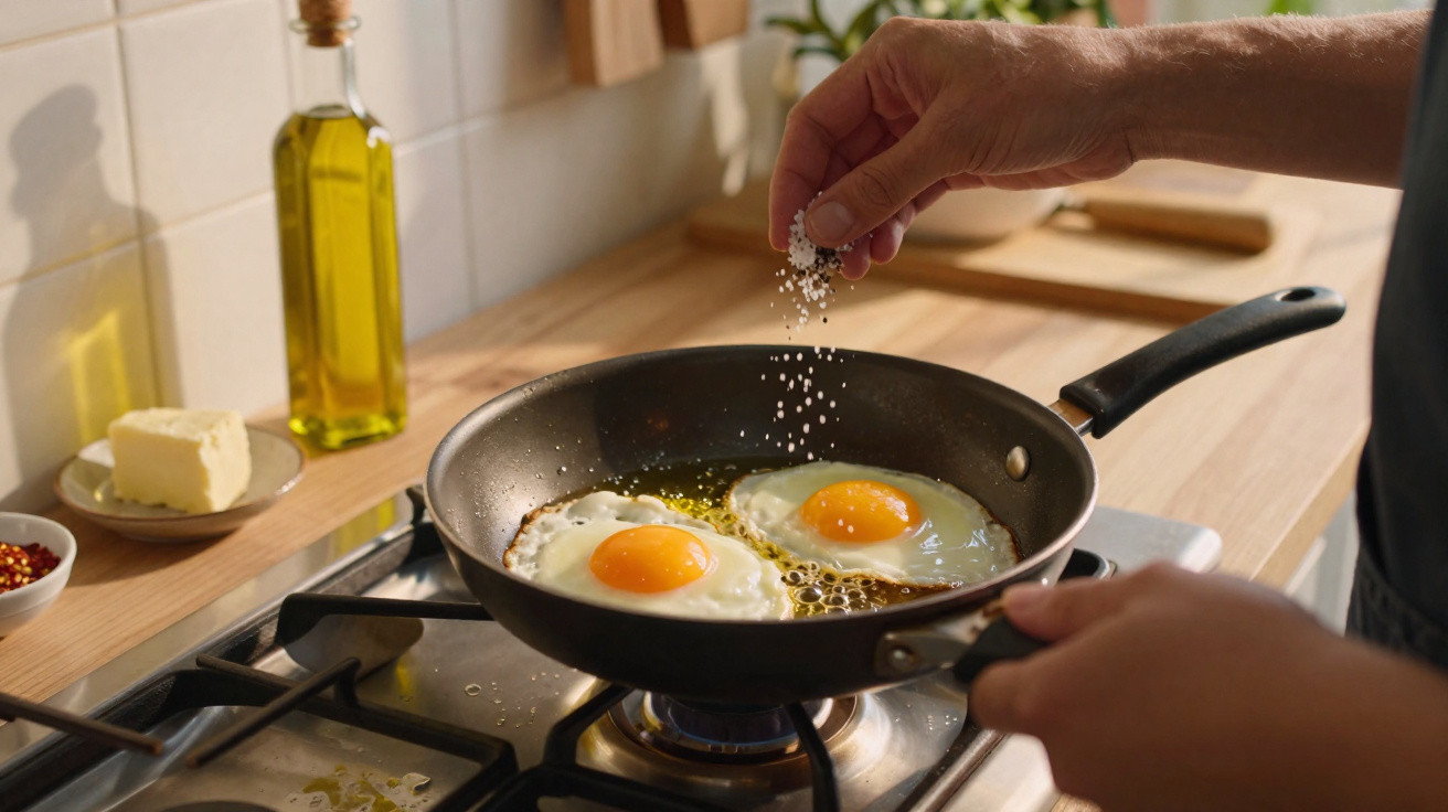 Mão salpicando sal em dois ovos fritos em frigideira sobre fogão em cozinha.
