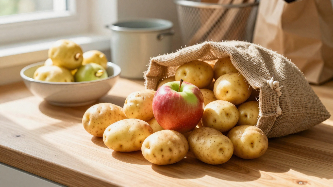 Saco de juta aberto com batatas espalhadas e uma maçã vermelha no centro sobre bancada de madeira.