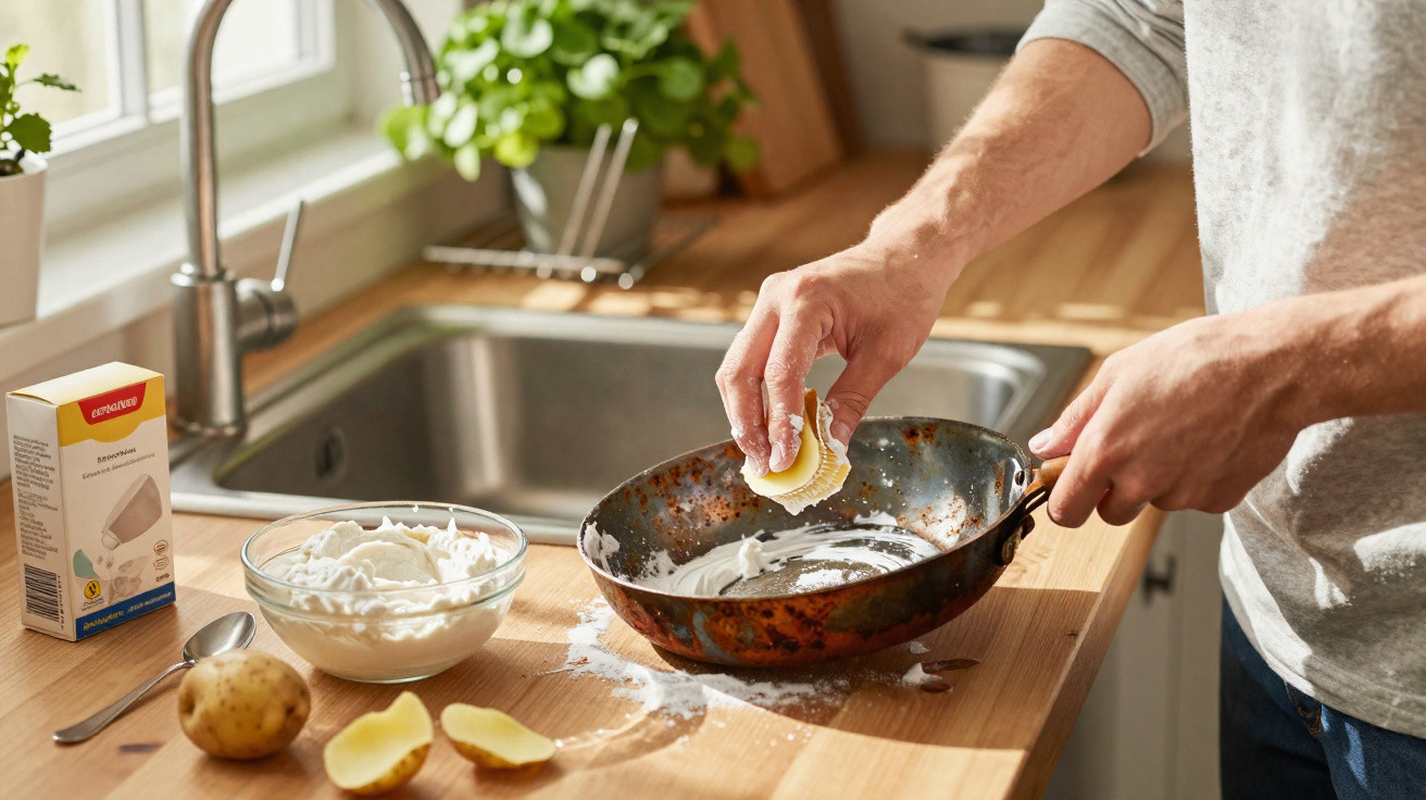 Pessoa lavando panela enferrujada com casca de batata na cozinha iluminada por janela.