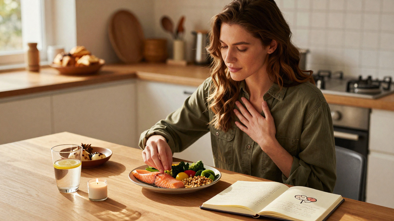 Mulher com camisa verde comendo salmão e legumes sentada à mesa com vela acesa e caderno aberto ao lado.