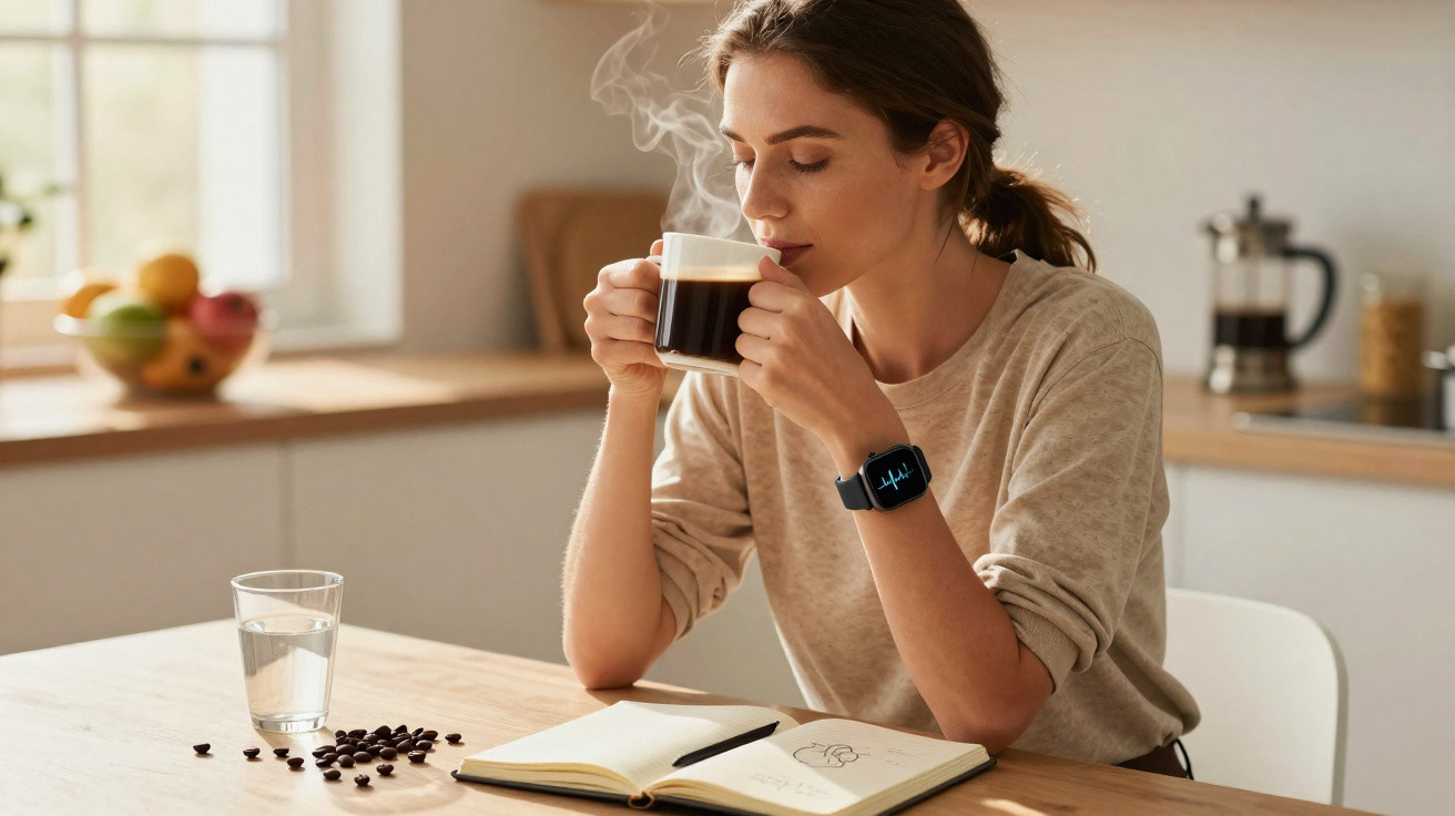 Mulher relaxando na cozinha tomando café preto quente com caderno aberto e grãos de café na mesa.