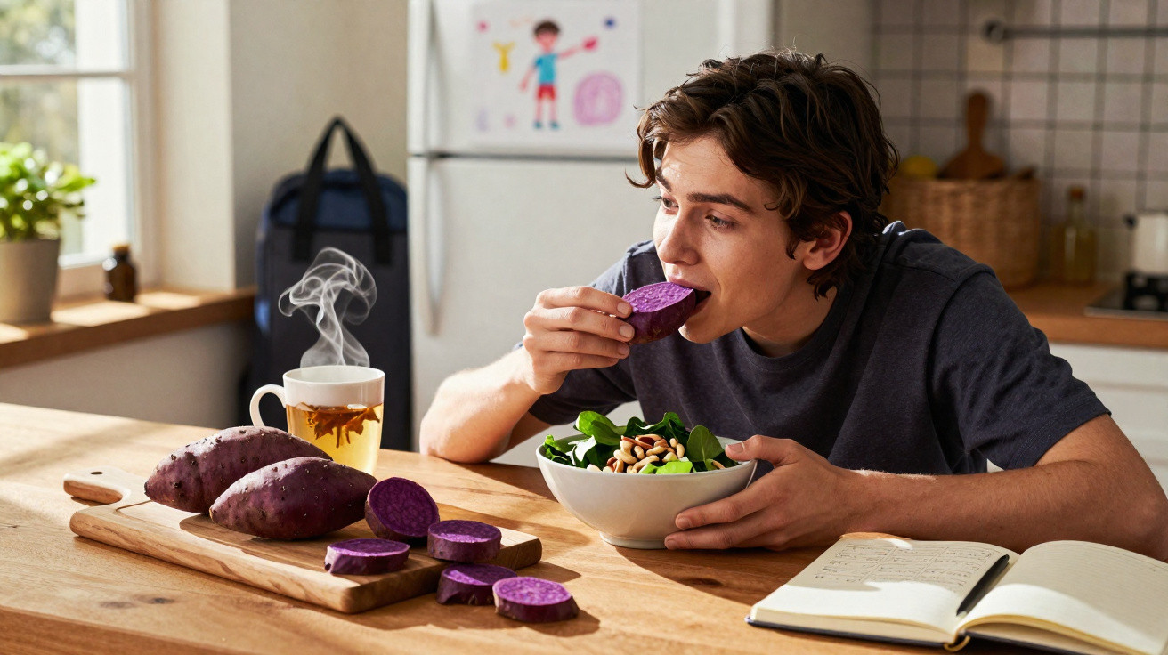 Jovem comendo batata-doce roxa e tomando chá em cozinha enquanto lê livro aberto na mesa.