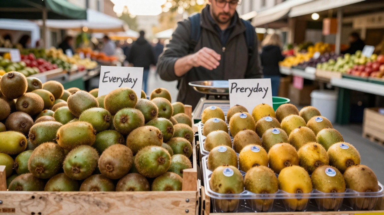 Feira ao ar livre com caixas de kiwis verdes e amarelos rotulados "Everyday" e "Prerday".