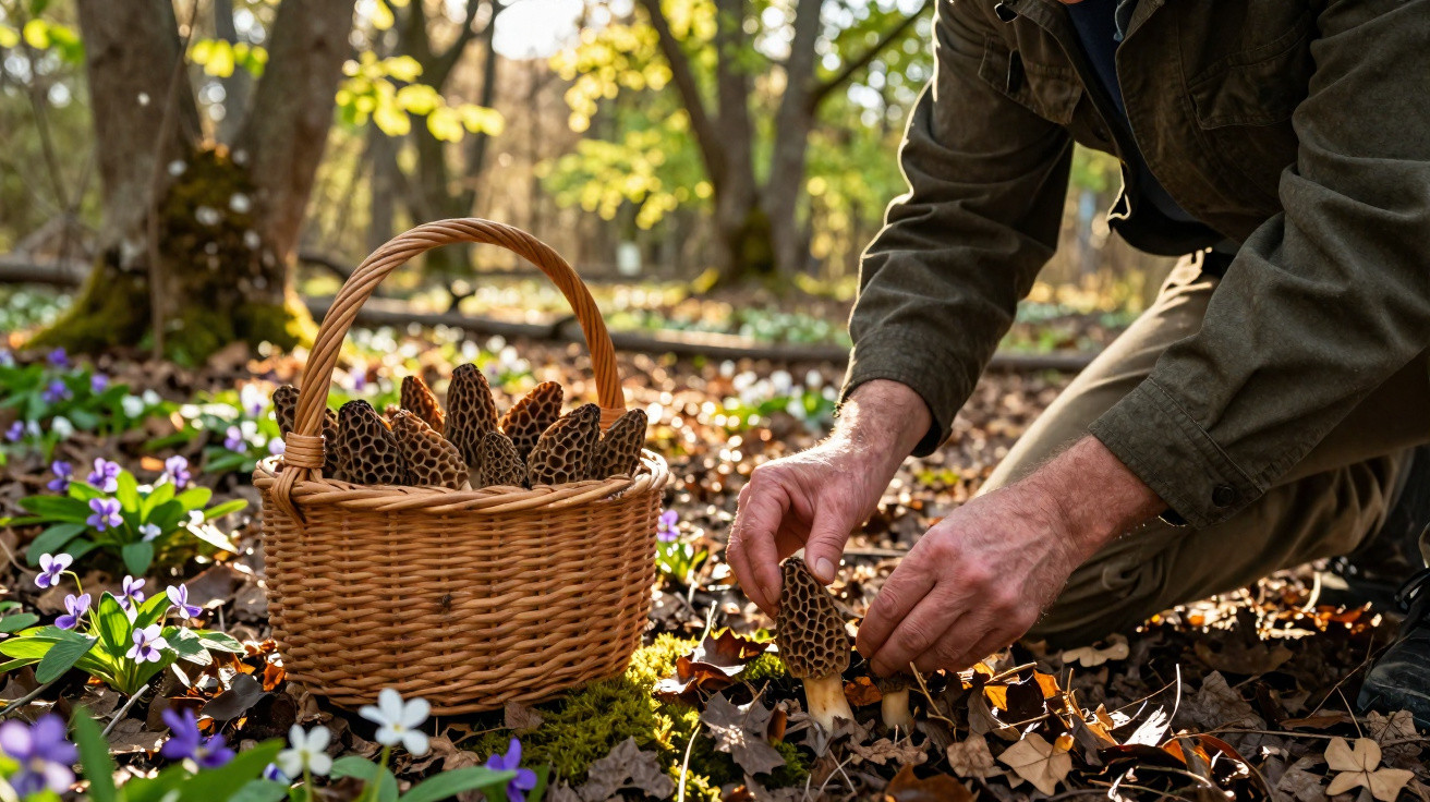 Pessoa colhendo cogumelos morel em floresta com cesta cheia ao lado.
