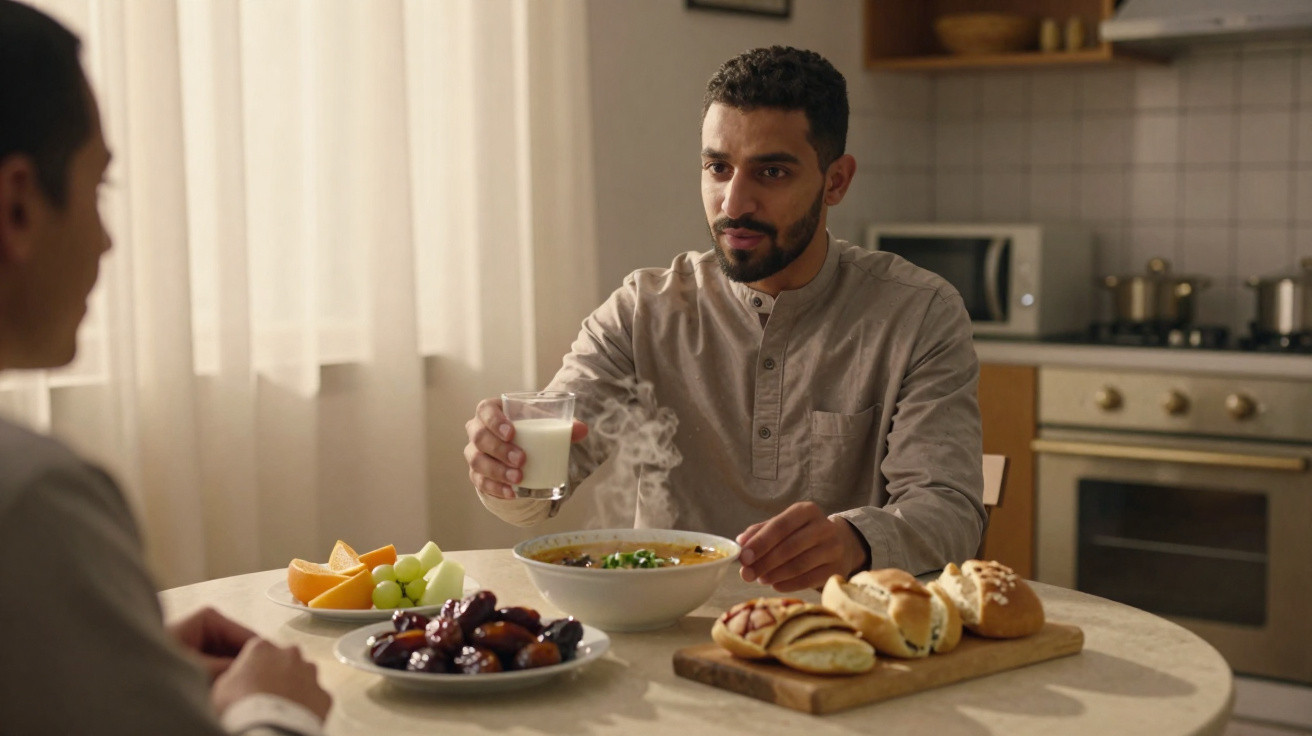 Homem sentado à mesa segurando copo de leite perto de tigela com sopa quente e pratos com frutas e pães.