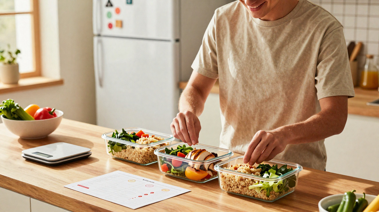 Pessoa preparando três marmitas com salada, grãos e proteína em recipiente de vidro na cozinha.