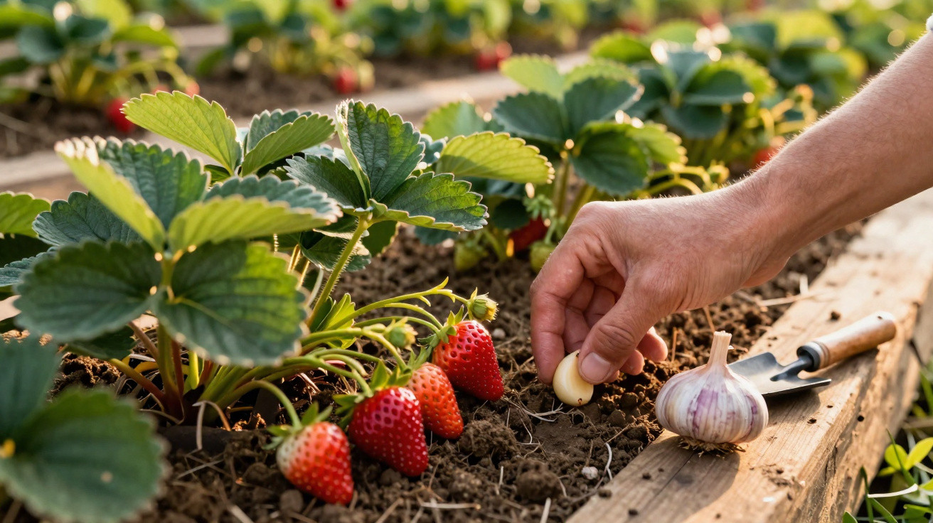 Mão plantando alho em canteiro com morangos vermelhos maduros e folhas verdes ao redor.