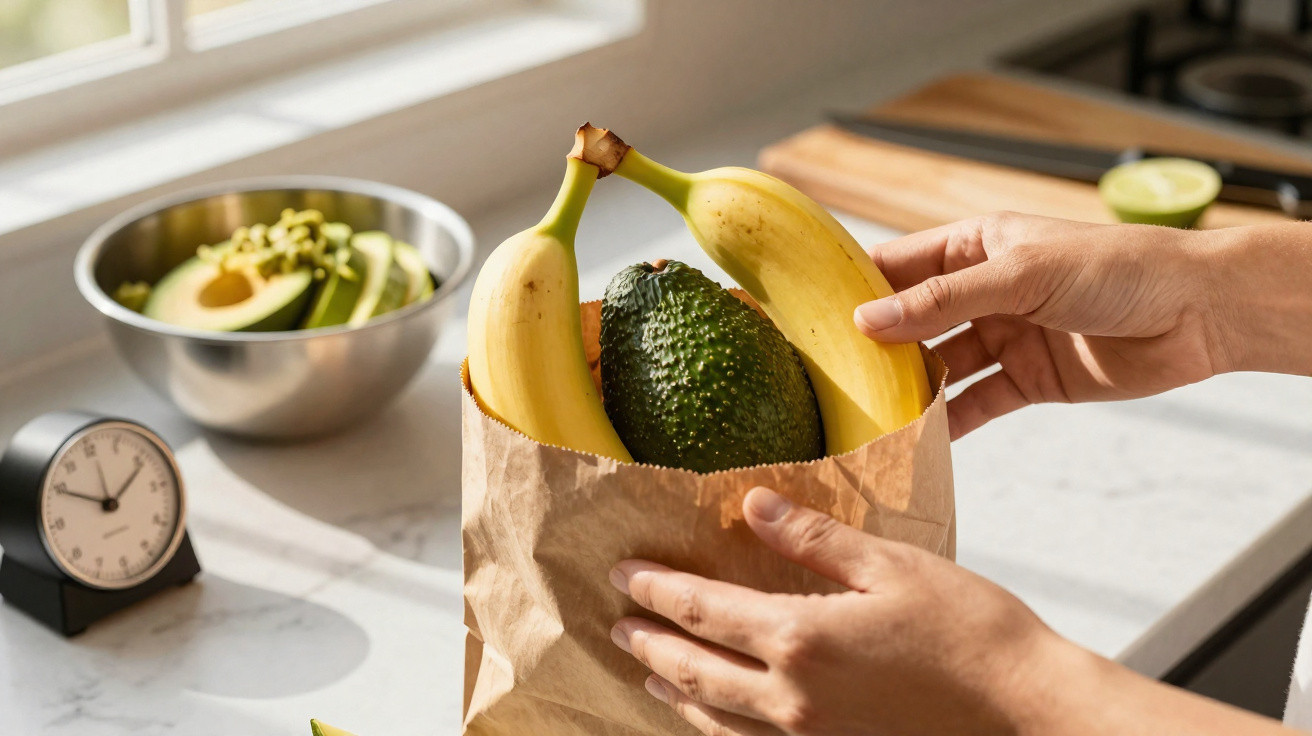 Mãos guardando bananas e abacate em sacola de papel em bancada de cozinha clara.