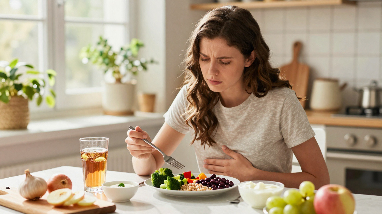 Mulher com expressão de desconforto segurando a barriga enquanto observa comida saudável no prato na cozinha.