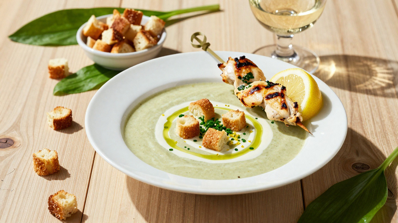 Sopa cremosa com croutons, espeto de frango grelhado, fatia de limão e taça de vinho branco sobre mesa de madeira.