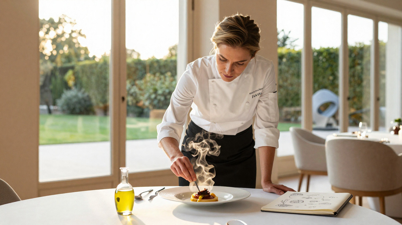 Chef mulher em uniforme branco finalizando prato fumegante em mesa de restaurante elegante.