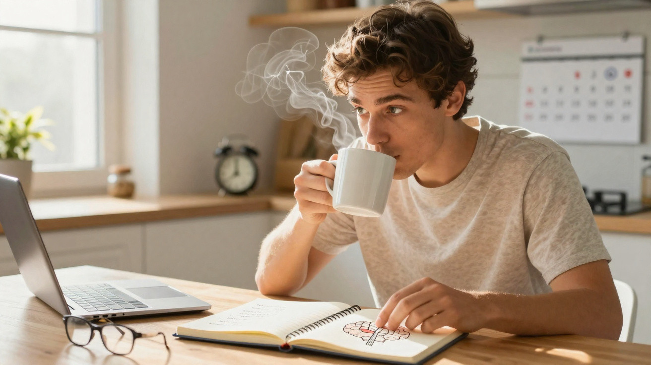 Jovem sentado à mesa tomando café enquanto lê um livro com ilustração de cérebro.