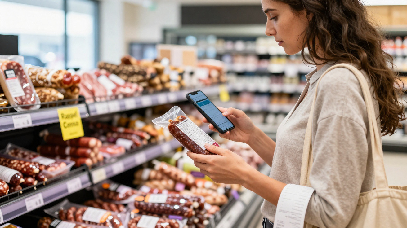 Mulher consultando celular e segurando linguiça embalada em supermercado na seção de frios.