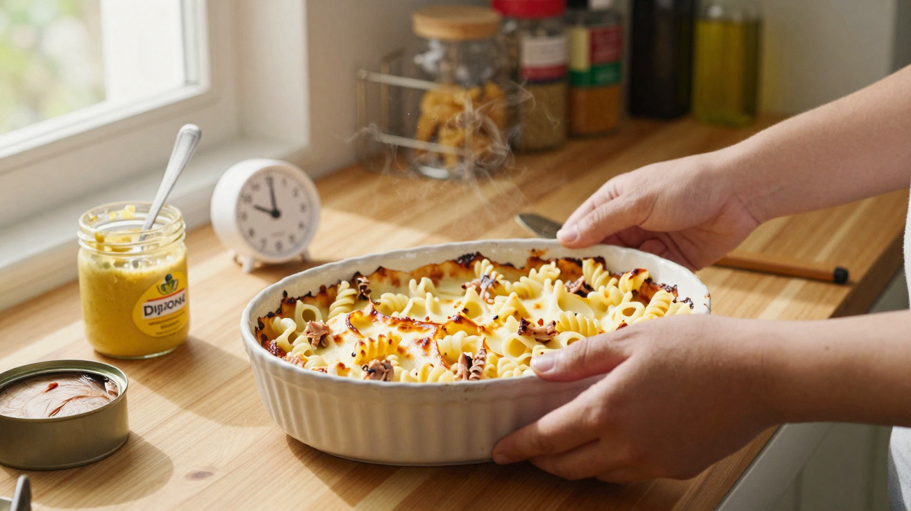 Mãos seguram travessa com massa gratinada recém saída do forno em cozinha iluminada.