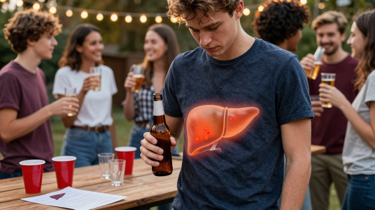 Jovem segurando cerveja em festa ao ar livre, com ilustração destacando o fígado em sua camiseta.