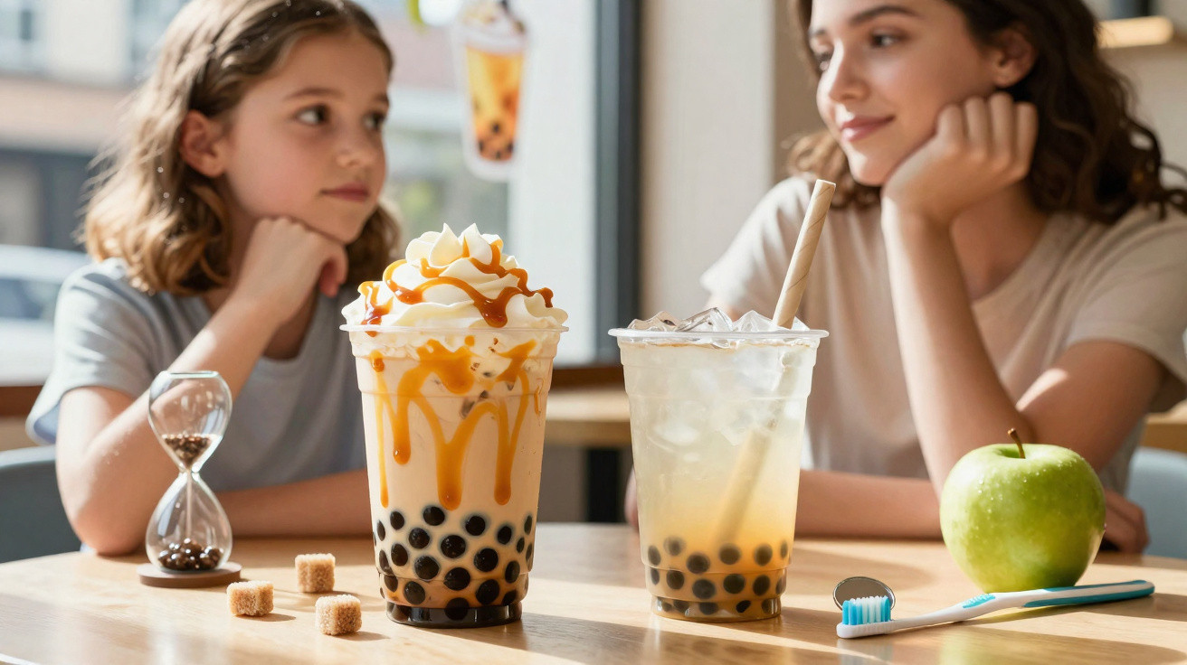Duas meninas sentadas à mesa com bebidas de bubble tea, maçã verde, escova de dentes e ampulheta.